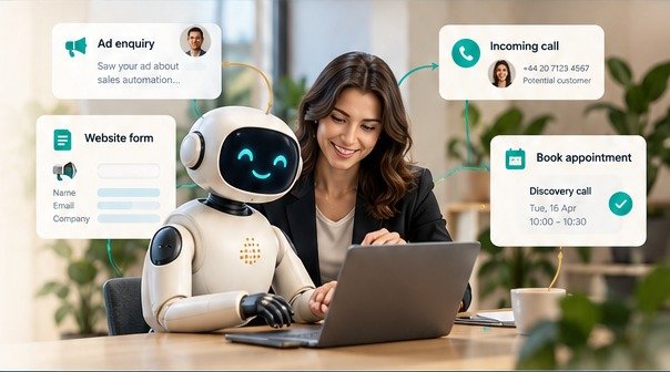 Illustration of a business professional and AI assistant coordinating customer enquiries