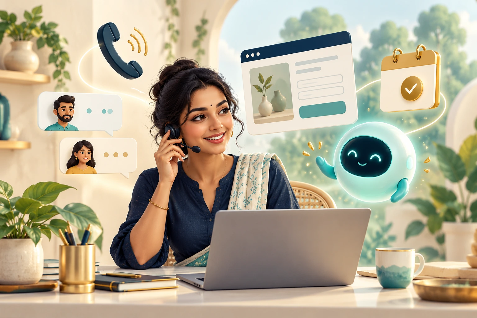 Illustration of a business owner and AI assistant coordinating calls, enquiries and appointments