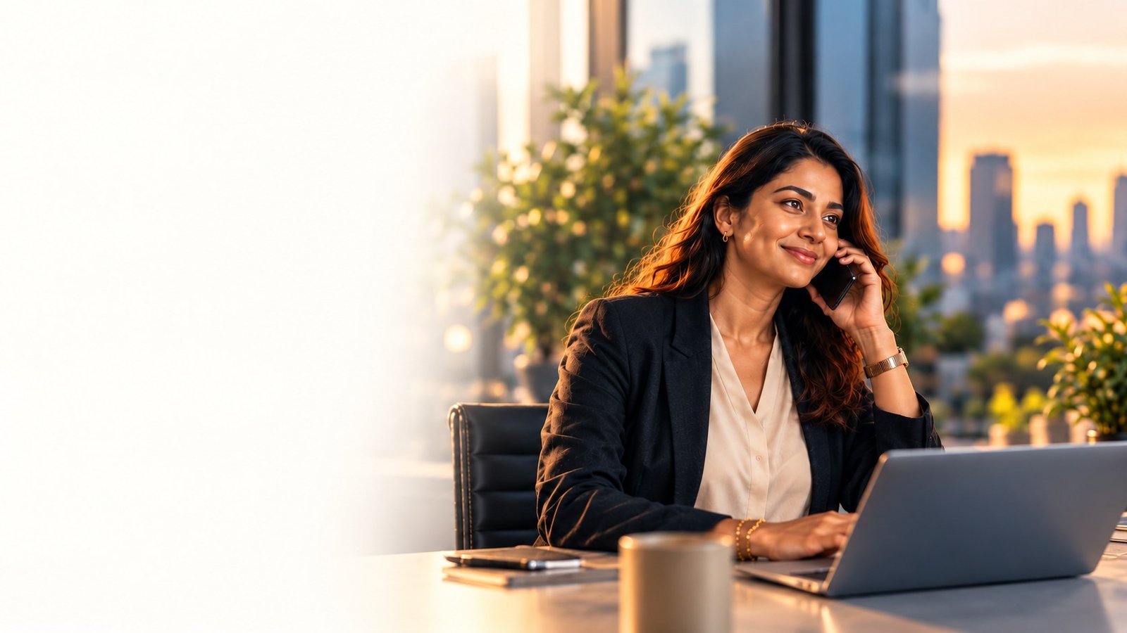 Illustration of a business customer speaking on a phone at her desk